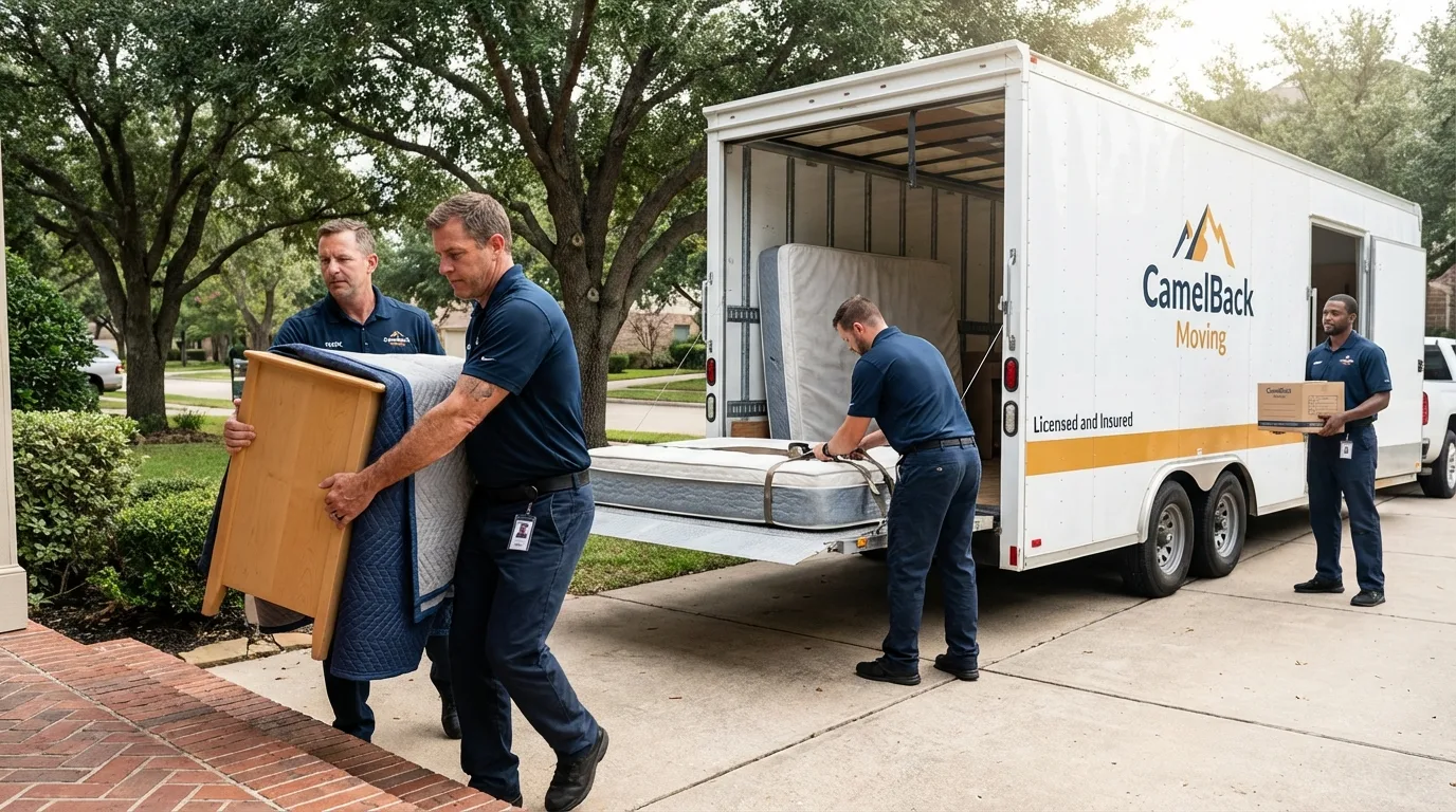 Crew loading residential truck for cross-state move from New Rockford, ND