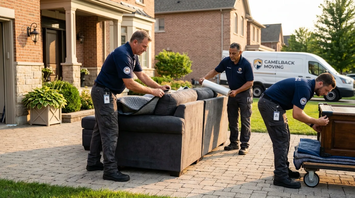 Large estate moving crew wrapping furniture in New Rockford, ND