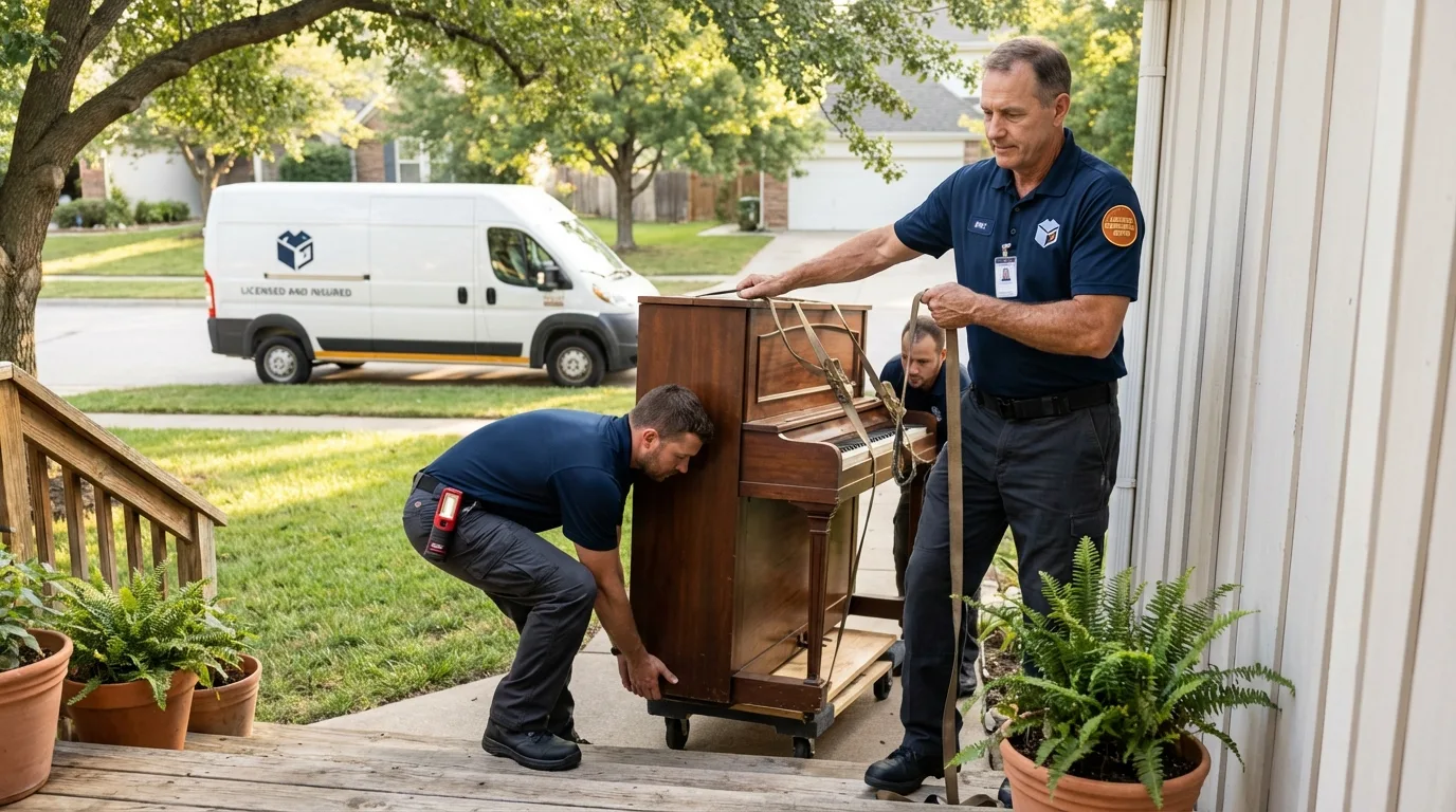 Licensed piano movers securing grand piano in New Rockford, ND