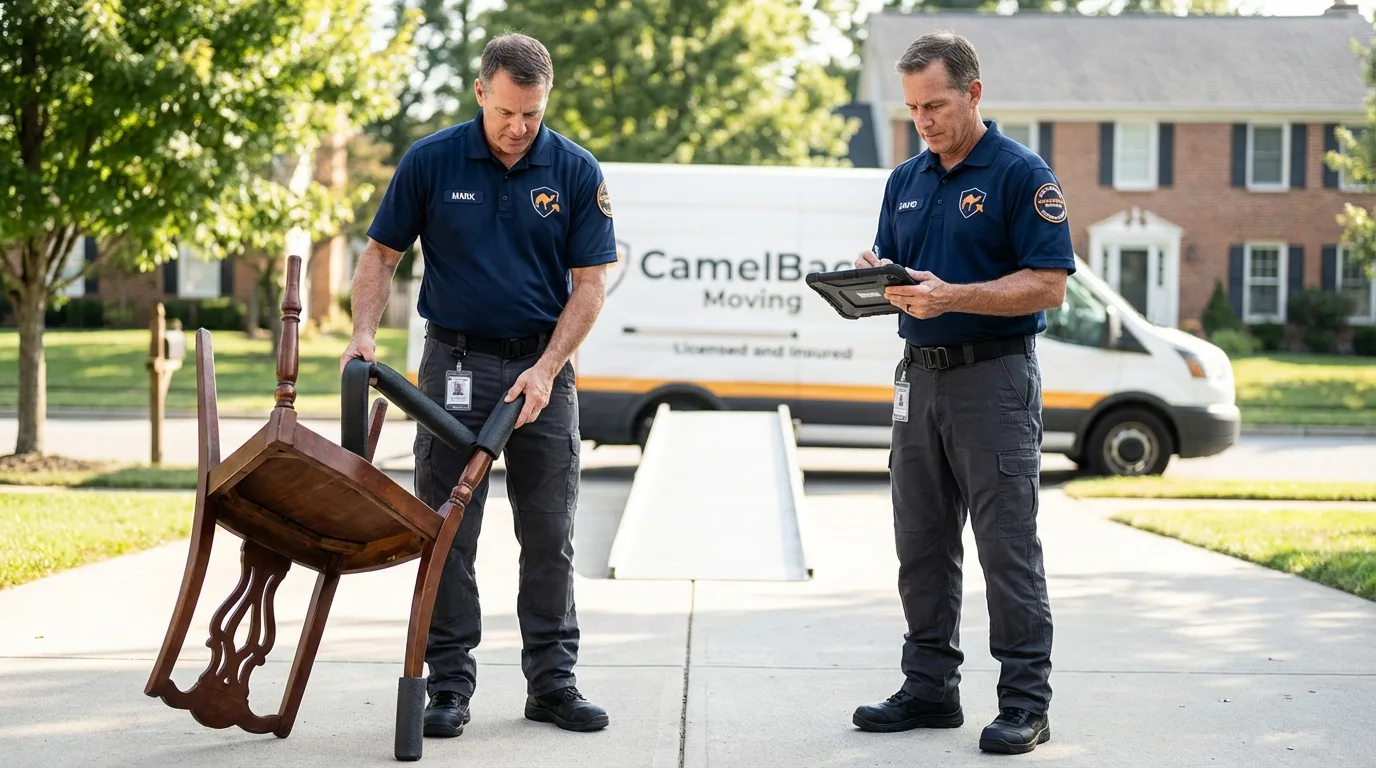 Movers inspecting furniture for damage prevention before loading in New Rockford, ND