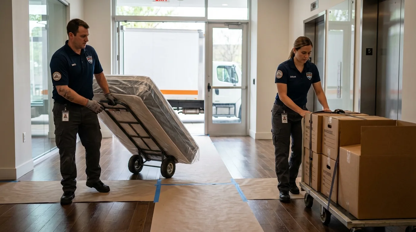 Professional apartment movers loading elevator in New Rockford, ND