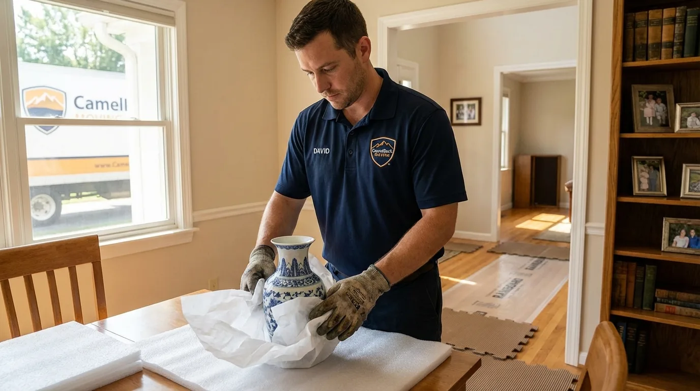 Professional crew carefully wrapping antique vase for senior downsizing move in New Rockford, ND