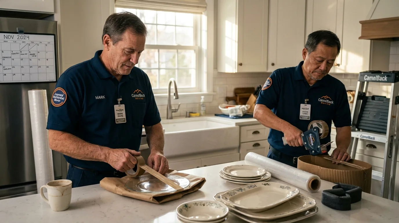 Professional crew packing kitchen dishware in New Rockford, ND